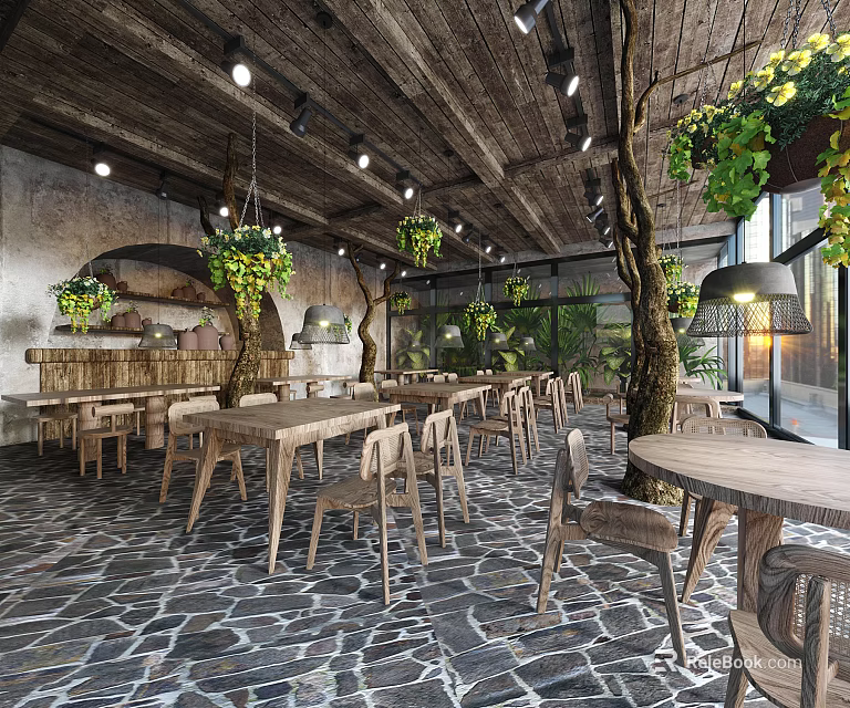 Rustic Restaurant Interior With Wooden Ceiling Hanging Vines And Stone Paved Floor 3d model
