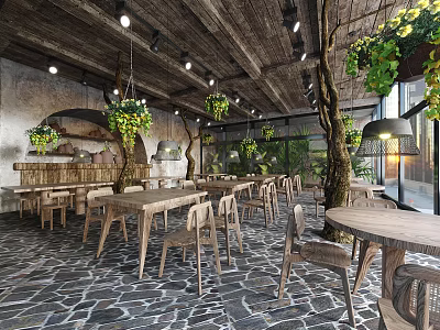 Rustic Restaurant Interior With Wooden Ceiling Hanging Vines And Stone Paved Floor 3d model
