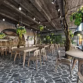 Rustic Restaurant Interior With Wooden Ceiling Hanging Vines And Stone Paved Floor 3d model
