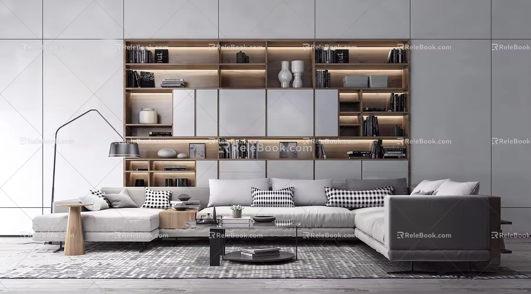 Modern corner sofa sofa bookcase coffee table combination 3d model