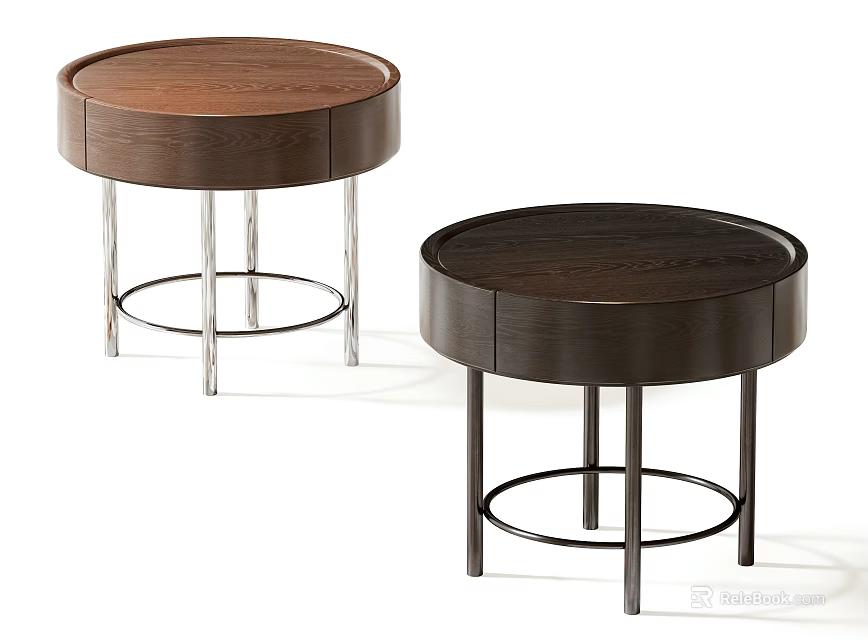 Set Of Two Modern Round Wooden Nightstands With Drawer And Metal Legs Design 3d model 