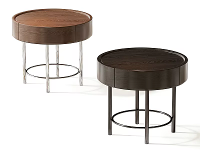 Set Of Two Modern Round Wooden Nightstands With Drawer And Metal Legs Design 3d model