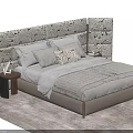 Elegant Double Bed With Patterned Headboard Cozy Bedding And Wooden Nightstand 3d model