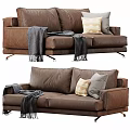 Modern Brown Leather Two Seater Sofa With Decorative Pillows Throw Blanket And Metal Legs