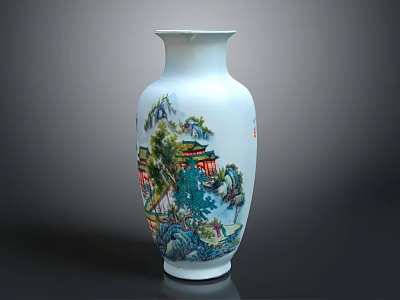 Elegant White Vase With Traditional Chinese Landscape Painting And Scenery Motifs 3d model