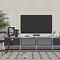 Modern TV Stand With Flat Screen TV Green Plant And Decorative Storage