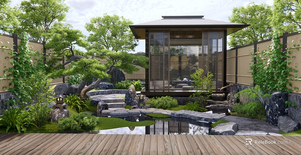 Japanese Style Courtyard Garden With Wooden Deck Gazebo Serene Pond Greenery And Stones 3d model 