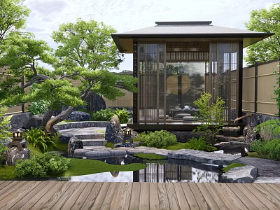 Japanese Style Courtyard Garden With Wooden Deck Gazebo Serene Pond Greenery And Stones 3d model