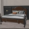 Classic Wooden Double Bed With Brown Leather Headboard Stitched Detail Decorative Pillows And Floor Plant