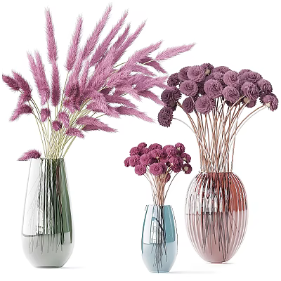 Decorative Ornament Set with Purple Pampas Grass Flowers and Glass Vases 3d model