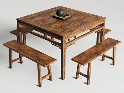Traditional Wooden Dining Table Set With Two Benches And Teapot On Top 3d model