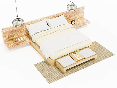Double Bed With Wooden Headboard White Sheets Two Pillows Hanging Lamps And Storage Bench 3d model