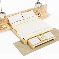 Double Bed With Wooden Headboard White Sheets Two Pillows Hanging Lamps And Storage Bench