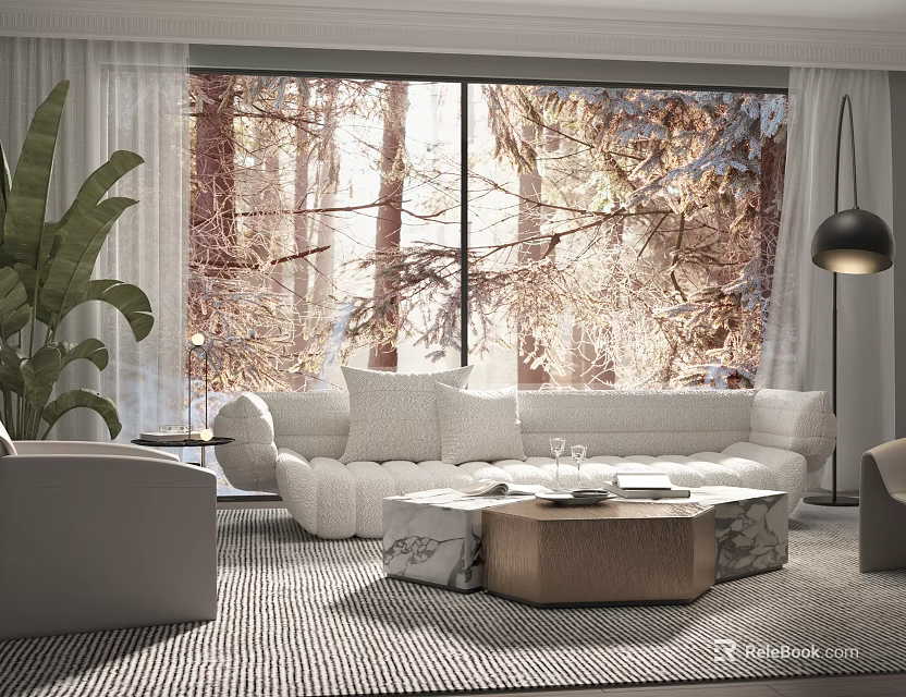 Modern Sofa Coffee Table Combination with Large Windows Forest View Sunlight Green Plants and Rug 3d model 