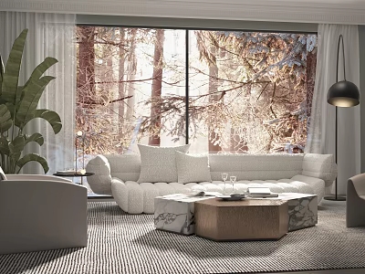 Modern Sofa Coffee Table Combination with Large Windows Forest View Sunlight Green Plants and Rug 3d model