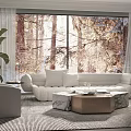 Modern Sofa Coffee Table Combination with Large Windows Forest View Sunlight Green Plants and Rug