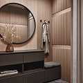 Modern Shoe Cabinet Design With Round Mirror Wooden Wall Bench And Dried Plants