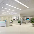 Modern Bank Lobby Interior Design With Seating Service Counter Digital Screens And Green Plants
