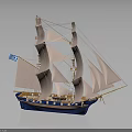Sailing Ship Water Transport With Large White Sails Blue Hull And Tall Wooden Masts
