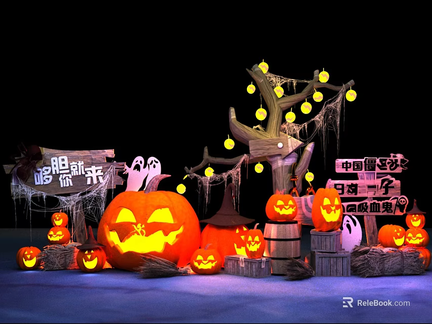 Halloween Decorative Scene Featuring Pumpkin Lanterns Ghosts Tree And Lit Lanterns 3d model