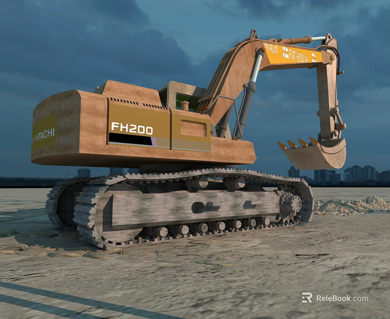 KOBELCO FH200 Crawler Excavator With Bucket On Sandy Construction Site Urban Skyline 3d model 