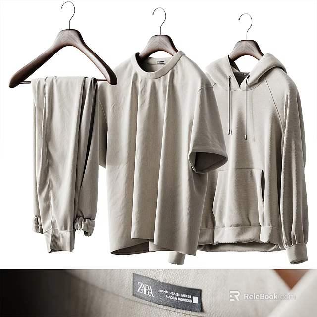 Light Gray Casual Clothes Set with Hoodie T Shirt and Pants 3d model 