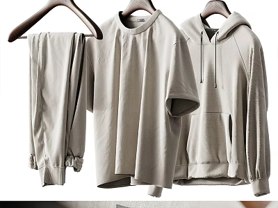 Light Gray Casual Clothes Set with Hoodie T Shirt and Pants 3d model
