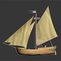 Detailed Wooden Sailing Boat Model With Yellow Sails And A Flag