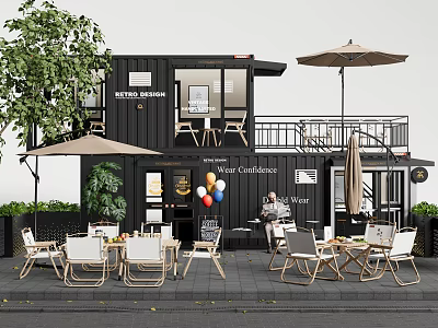 Outdoor Table And Chair Set At Water Coffeehouse Black Container With Umbrella Balloons Green Plants 3d model