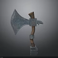 Medieval Battle Axe with Intricate Metallic Head Carvings Wooden Handle And Metal Base