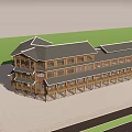 Traditional Wooden Multi story Commercial Street Featuring Balconies Pedestrian Walkway And Wet Pavement Under Blue Sky