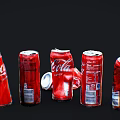Red Coca Cola Aluminum Cans With One Crushed Arranged In A Row