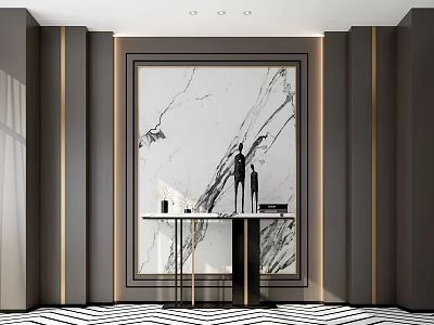 Elegant Console Table With Marble Artwork Dark Walls Golden Trim And Decorative Sculptures 3d model