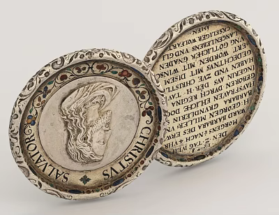 Ornate Circular Hinged Metal Case With Detailed Carved Head And Inscribed Text 3d model