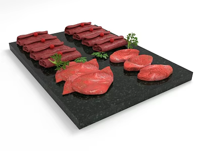 Raw Meat Platter Rolled And Sliced On Black Slate Plate Garnished With Green Herbs 3d model