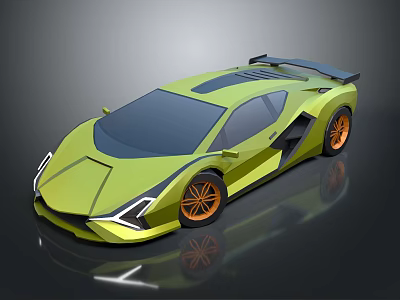 Green Sports Car with Sleek Futuristic Design Orange Wheels Black Roof And Spoiler 3d model