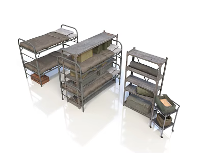Industrial Style Metal Bunk Beds With Mattresses Shelving Units And Storage Carts 3d model