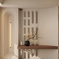 Modern Entryway Hallway With Arched Wall Perforated Partition Wooden Console Table And Circular Wall Lamp