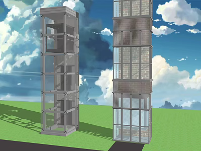 Modern Glass Elevator Structure With Blue Sky White Clouds And Green Grass 3d model