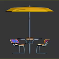 Outdoor Furniture Set With Yellow Umbrella Round Table And Colorful Chairs With Blue Legs