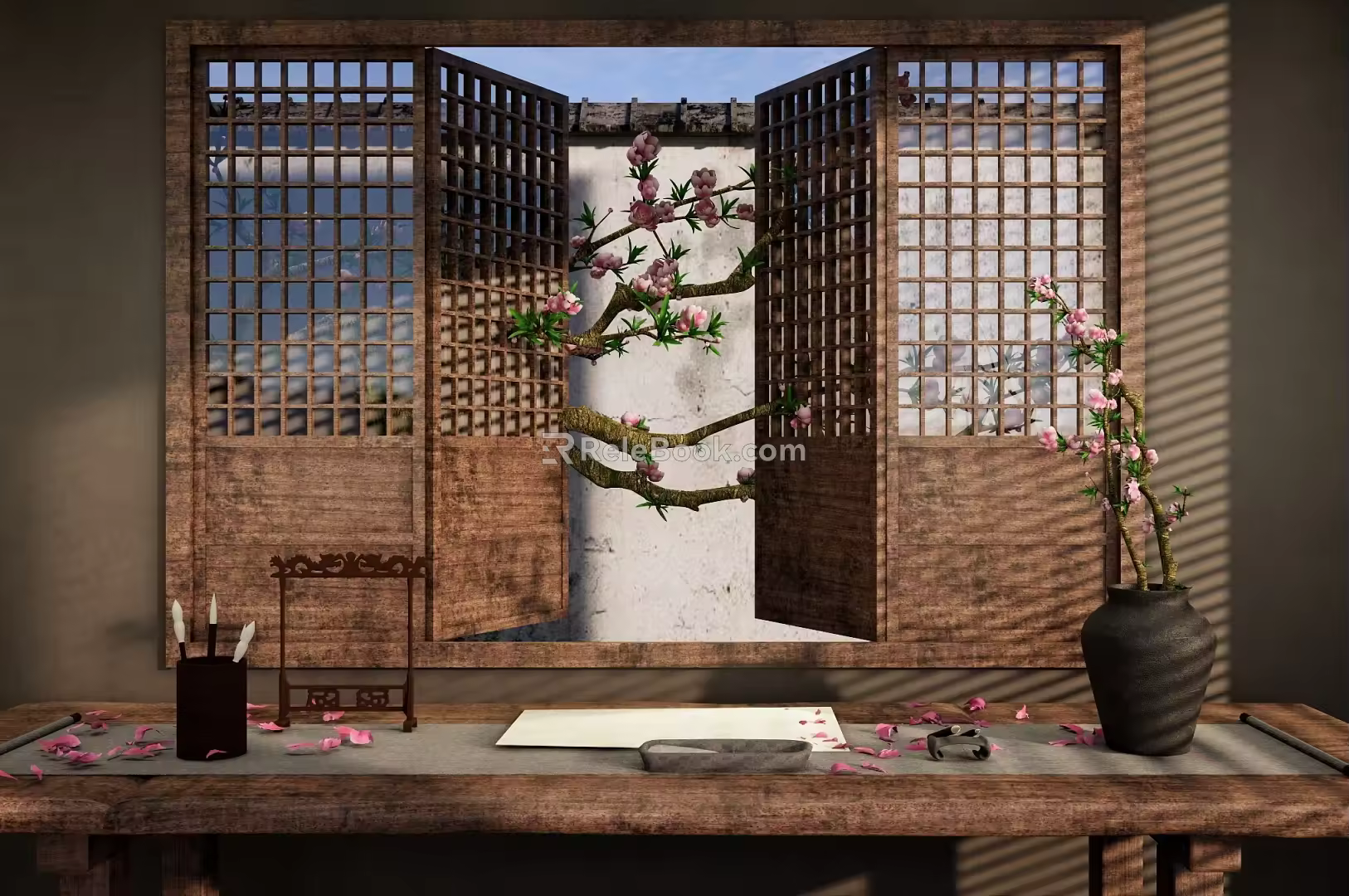 New Chinese Style Study Studio Chinese Hollow Wooden Window Chinese Style Garden Window View Peach Blossom Tree Peach Blossom Branch Indoor Flower Arrange 3d model