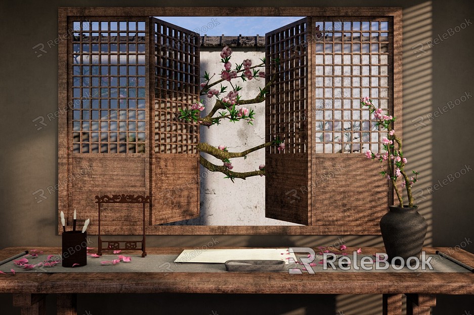 New Chinese Style Study Studio Chinese Hollow Wooden Window Chinese Style Garden Window View Peach Blossom Tree Peach Blossom Branch Indoor Flower Arrange model