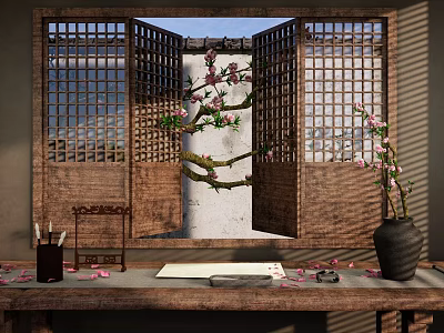 Wooden Carved Lattice Window In Traditional Room With Pink Blossom Tree And Writing Desk 3d model