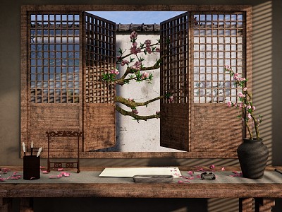 New Chinese Style Study Studio Chinese Hollow Wooden Window Chinese Style Garden Window View Peach Blossom Tree Peach Blossom Branch Indoor Flower Arrange model