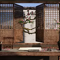 New Chinese Style Study Studio Chinese Hollow Wooden Window Chinese Style Garden Window View Peach Blossom Tree Peach Blossom Branch Indoor Flower Arrange 3d model