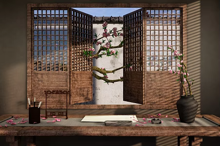 New Chinese Style Study Studio Chinese Hollow Wooden Window Chinese Style Garden Window View Peach Blossom Tree Peach Blossom Branch Indoor Flower Arrange 3d model