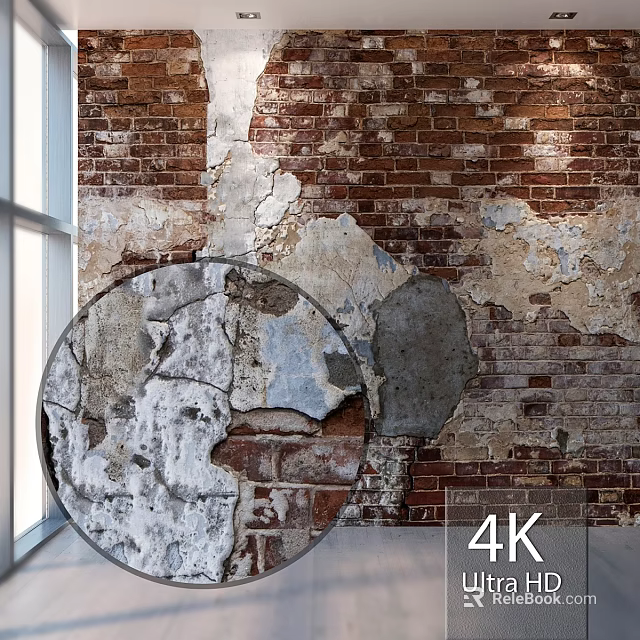 Circular Decorative Component Against Weathered Brick Wall With Peeling Plaster And Window 4K 3d model