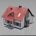 Two Story Residential House With Red Roof Chimney White Brown Exterior Windows And Porch Steps