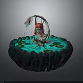 Red Haired Female Character In Glowing Pool With Lily Pads And Aquatic Creatures