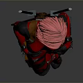 Woman With Pink Hair In Red Black Bodysuit Standing Confidently With Crossed Legs And Swords